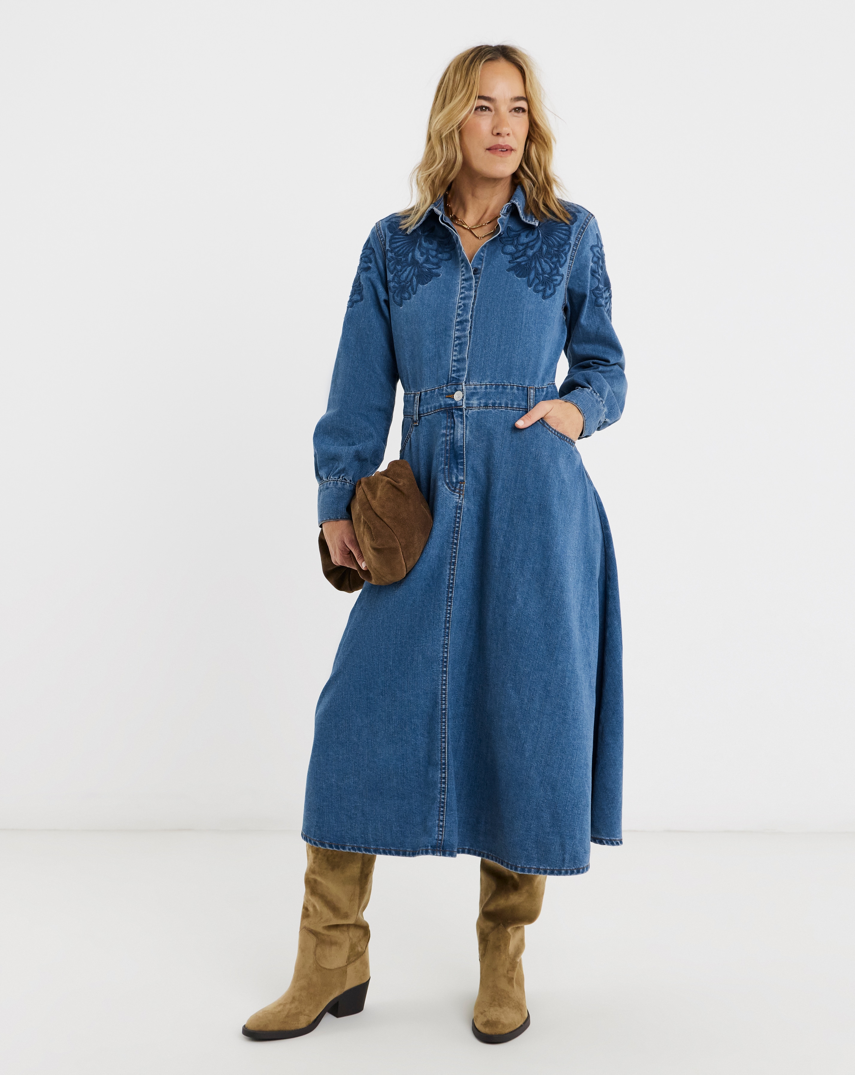 New In - Embroidered Denim Midi Dress