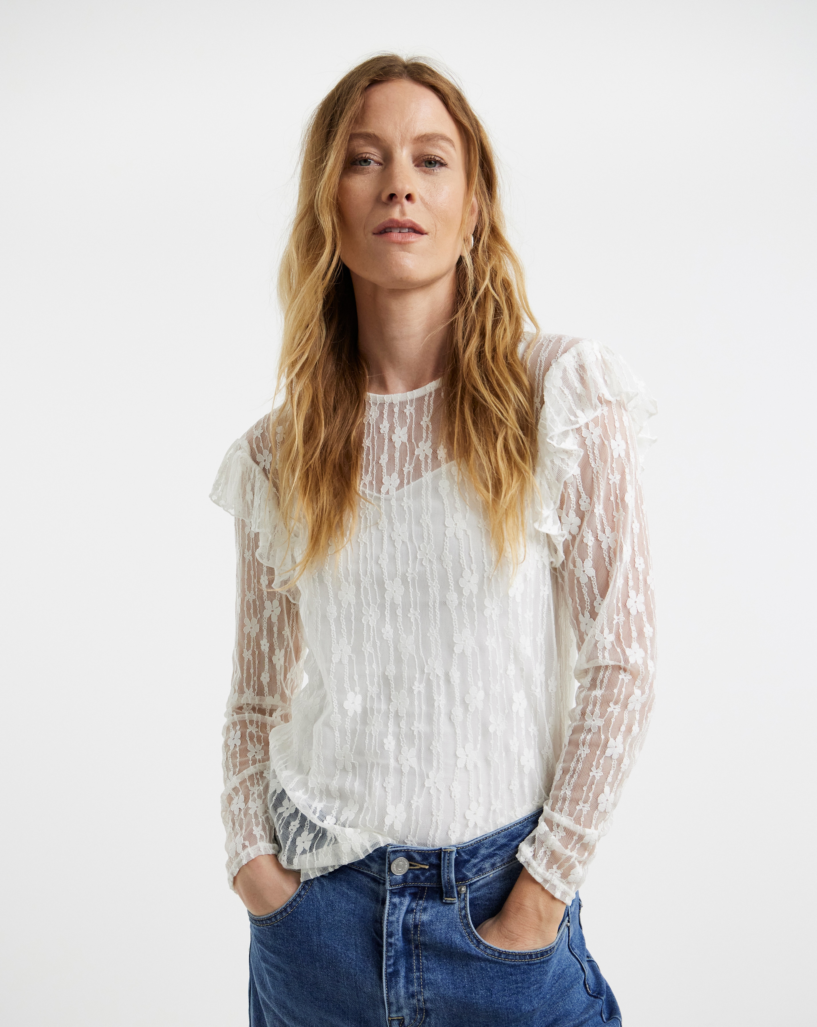 Lace High Neck Frill Sleeve Top