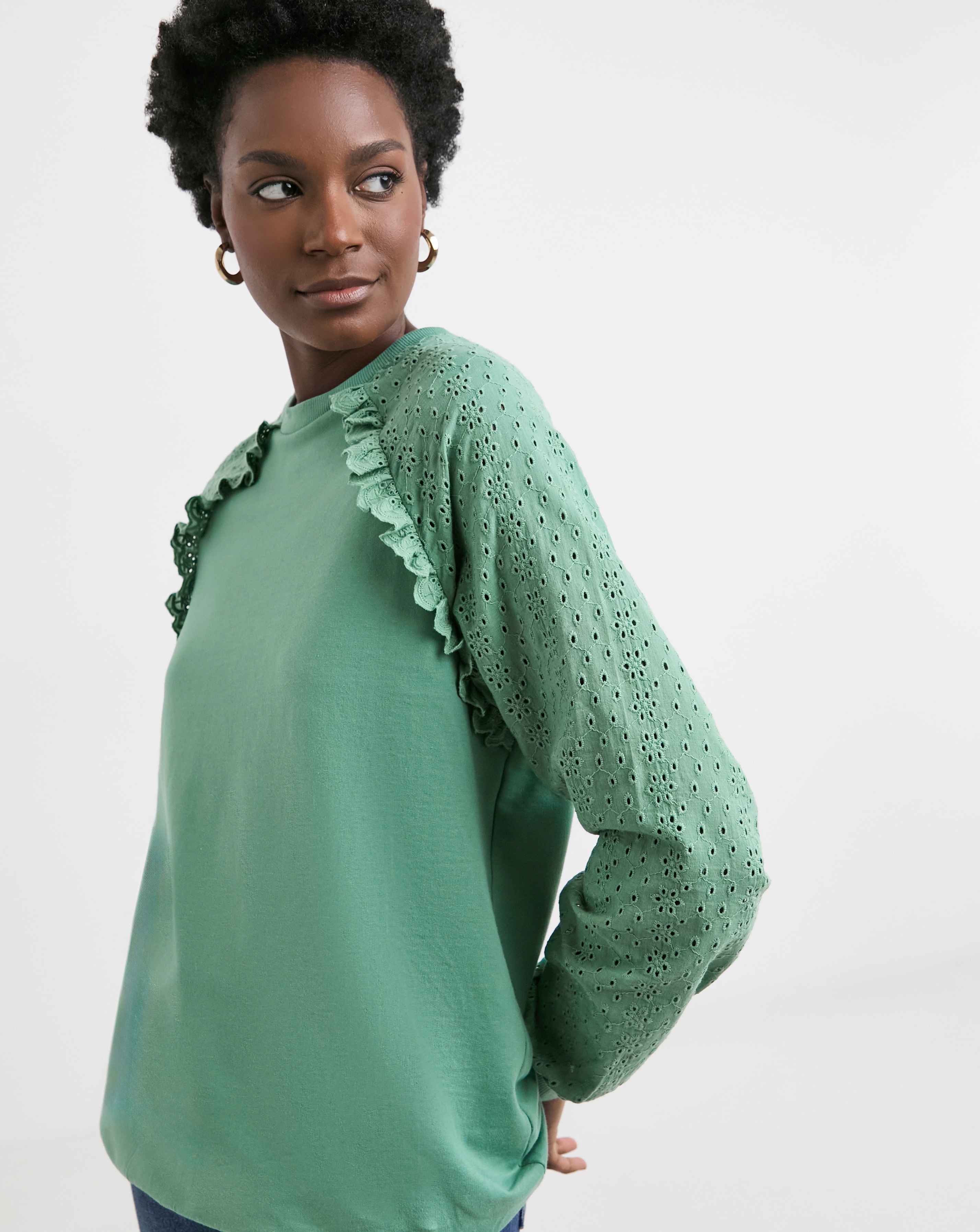 Broderie Sleeve Frill Detail Sweat