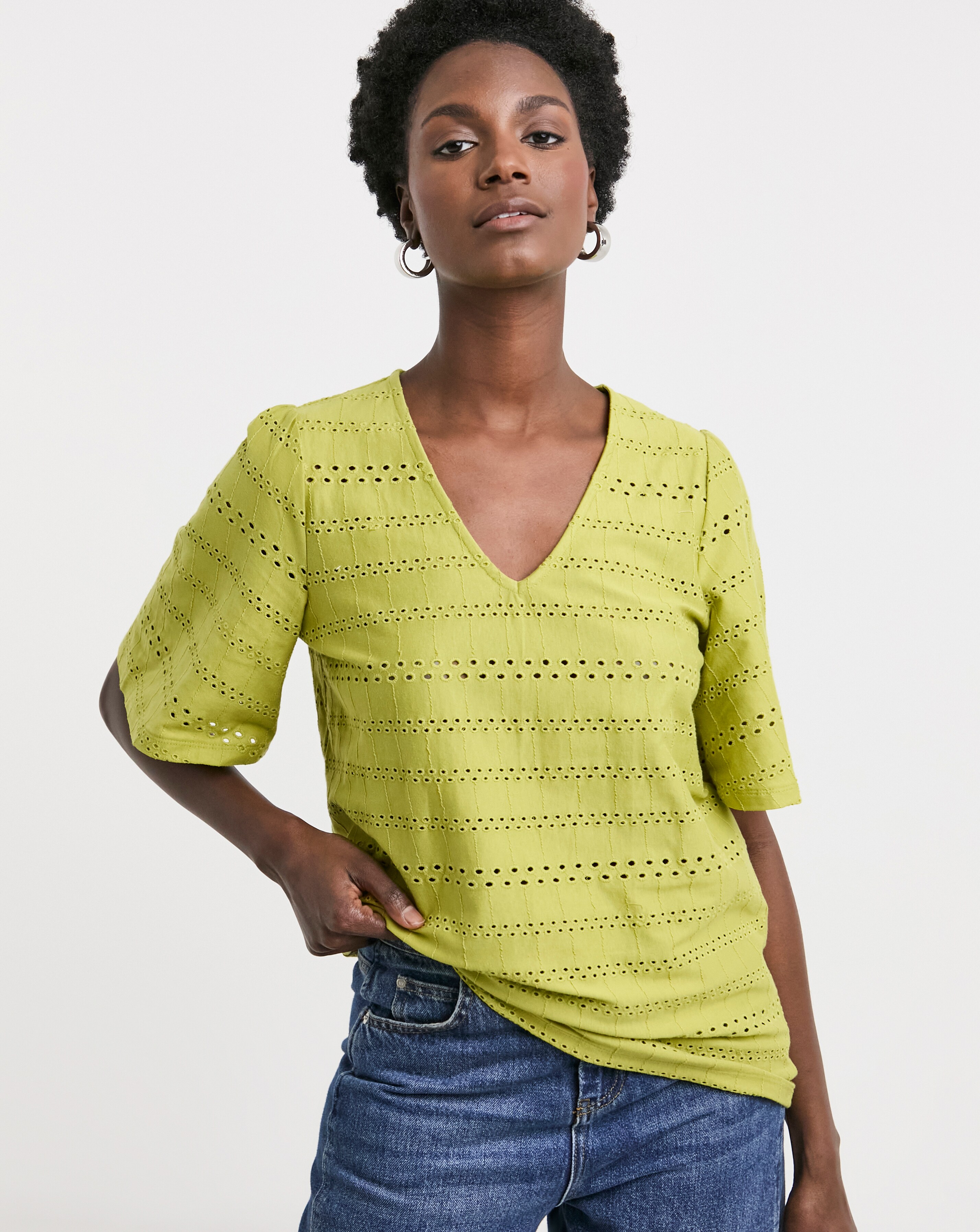 Green V - Neck Broderie Top