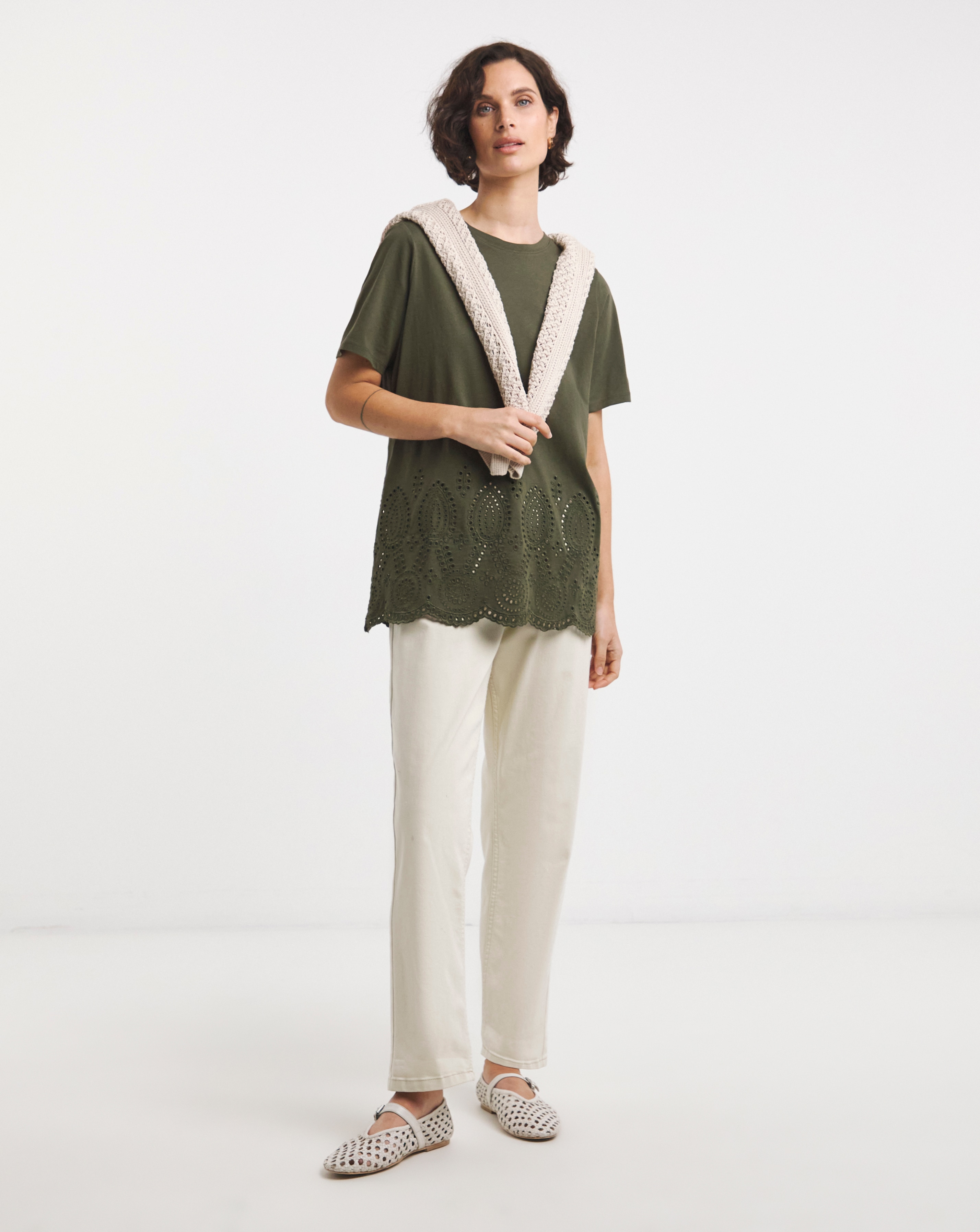 The Short Sleeve Broderie Hem Top