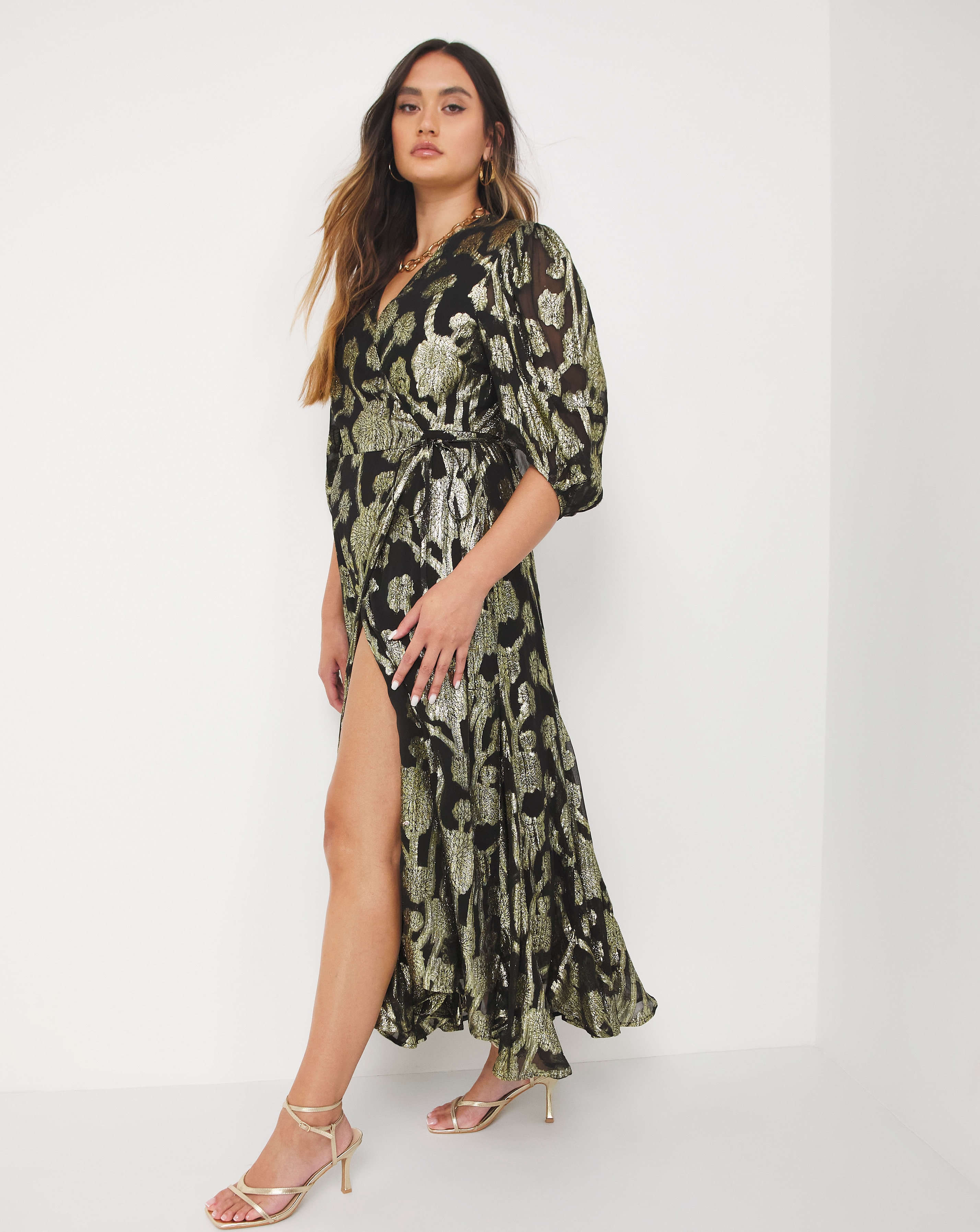 Joanna Hope Gold Jacquard Wrap Dress Fashion World