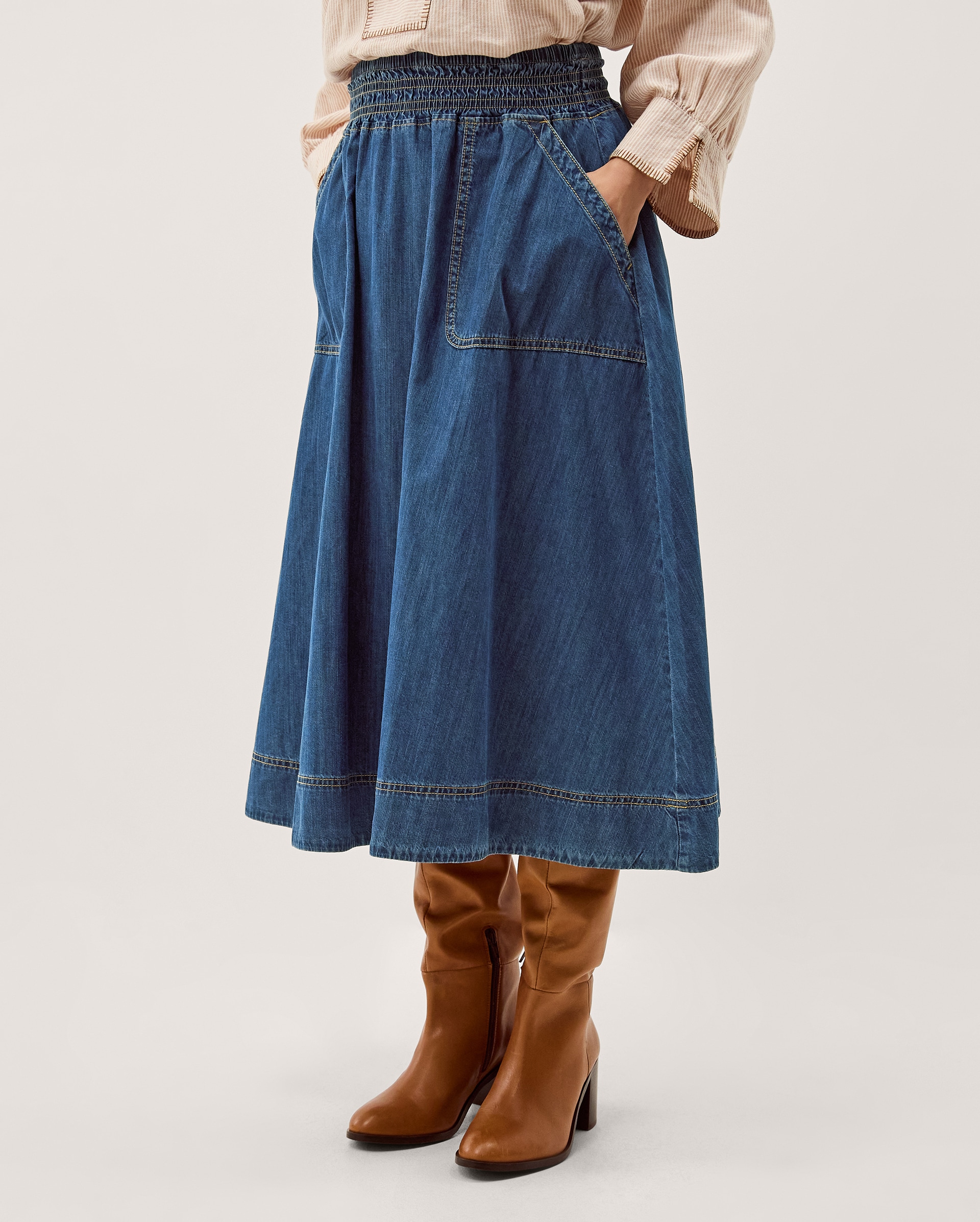 New In - Monsoon Sophie Shirred Denim Midi Skirt