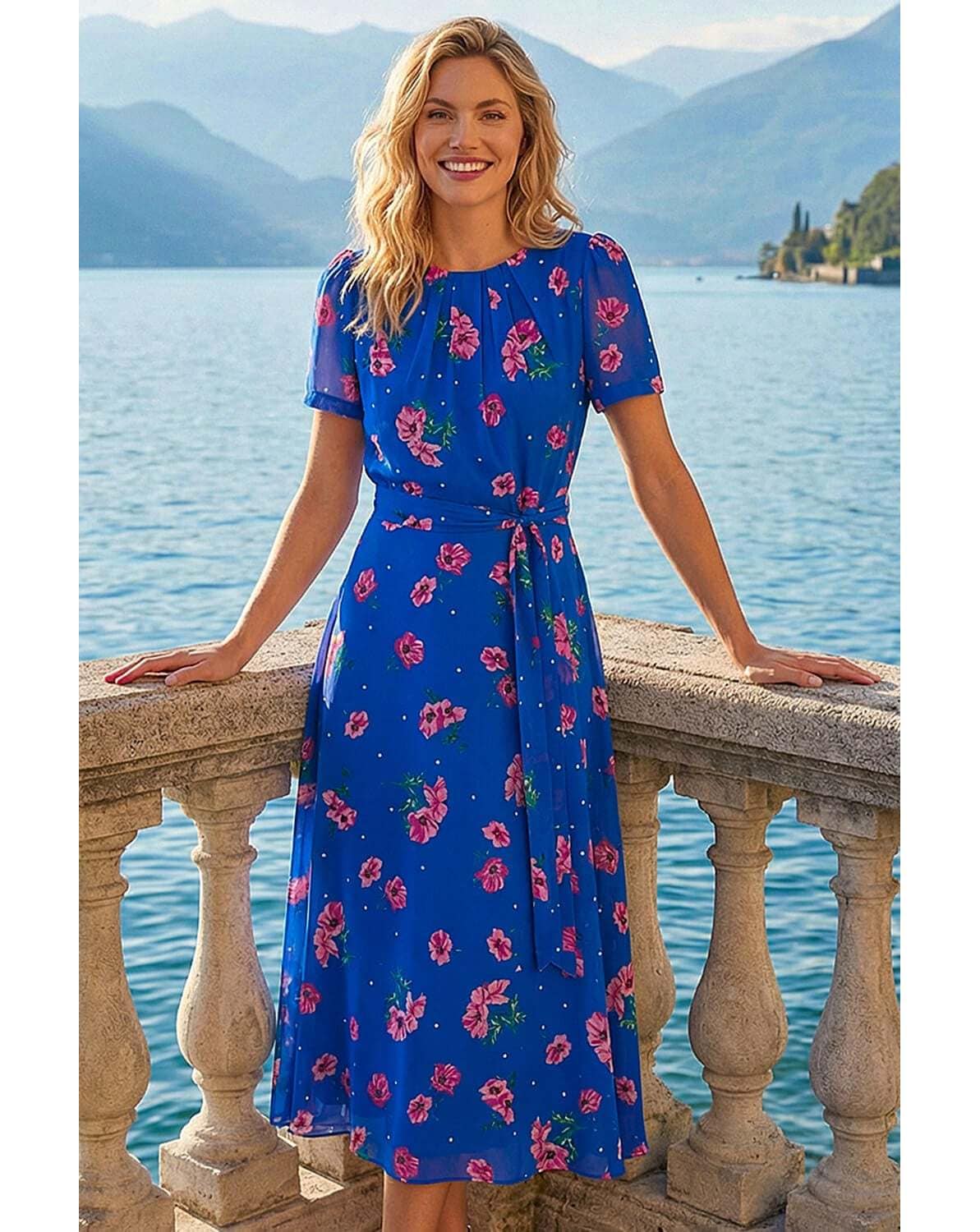 New In - Roman Floral Pleated Chiffon Dress