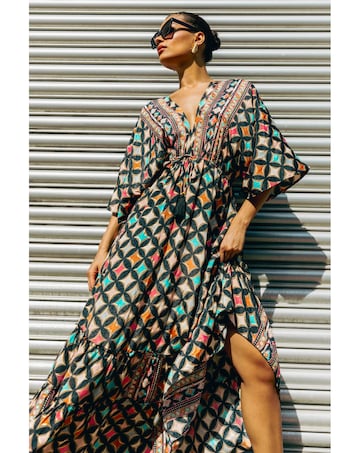 Roman Geo Print V-Neck Frill Maxi Dress