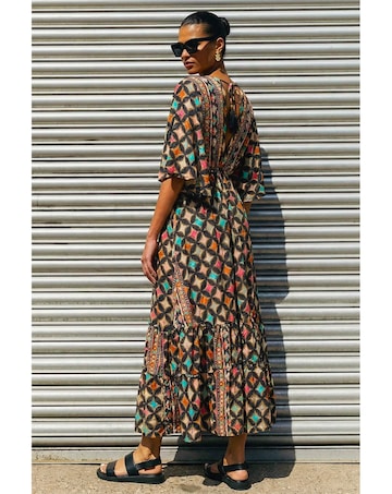Roman Geo Print V-Neck Frill Maxi Dress