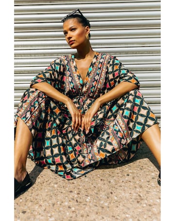 Roman Geo Print V-Neck Frill Maxi Dress