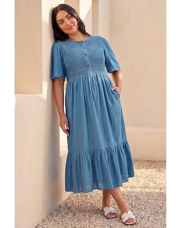 Roman Curve Denim Shirred Midi Dress