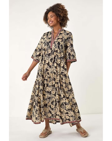 Roman Floral Print Border Maxi Dress