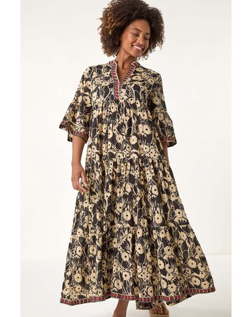 Roman Floral Print Border Maxi Dress