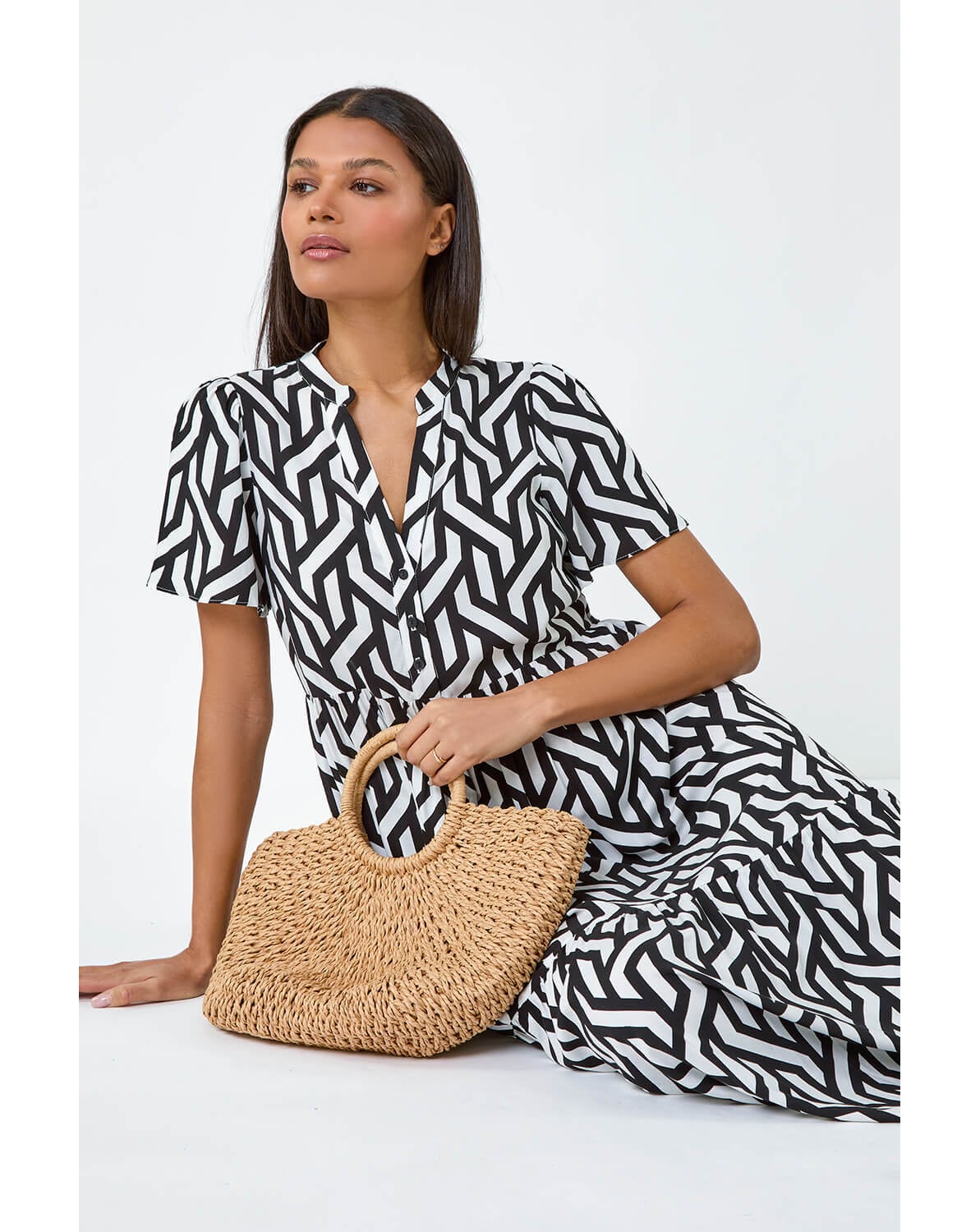 New In - Roman Geometric Print Tiered Midi Dress
