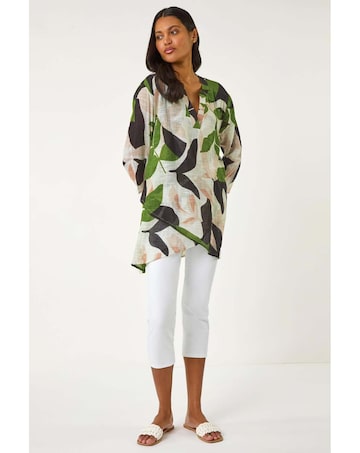 Roman Leaf Print Wrap Front Tunic Top