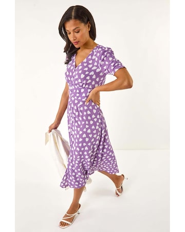 Roman Heart Print Ruched Midi Dress