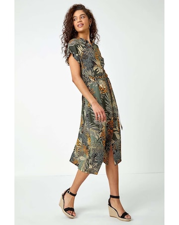 Roman Tropical Leaf Print Shirt Dress