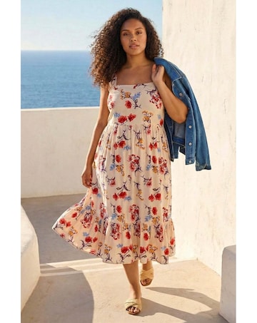 Roman Curve Floral Strap Midi Dress