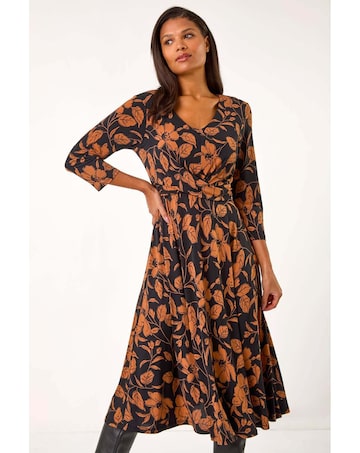 Roman Leaf Print Wrap Midi Dress