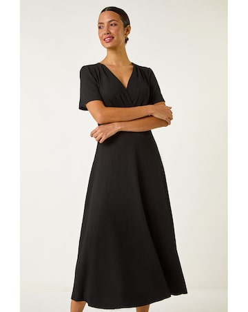 Roman Textured Wrap Bodice Midi Dress
