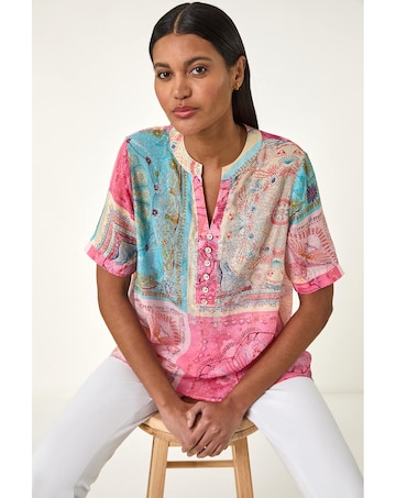 Roman Scarf Print Hotfix Buttoned Top