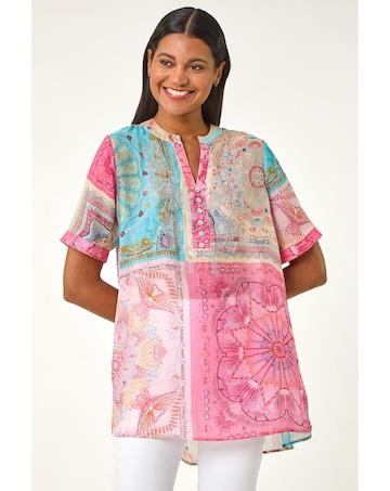 Roman Scarf Print Hotfix Buttoned Top