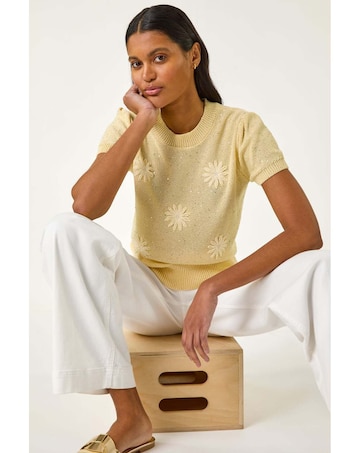 Roman Daisy Sparkly Embroidered Knit Top