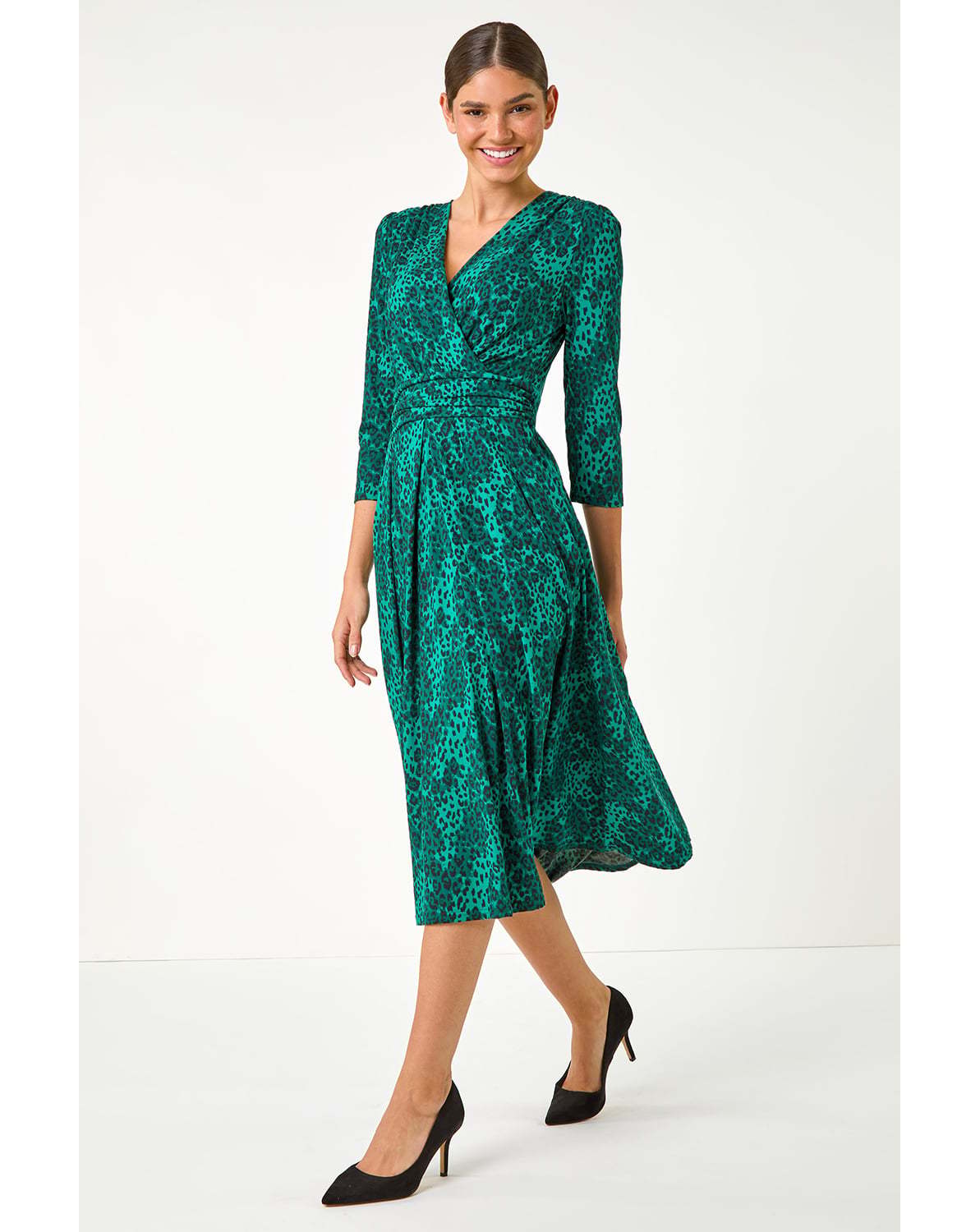 New In - Roman Animal Print Mock Wrap Midi Dress