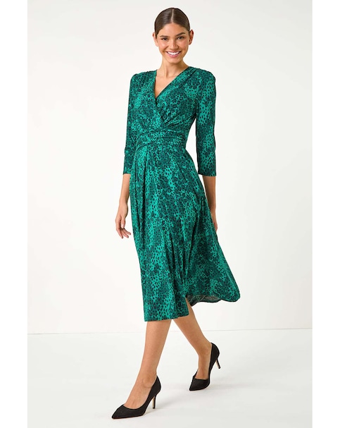 Roman Animal Print Mock Wrap Midi Dress