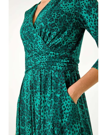 Roman Animal Print Mock Wrap Midi Dress