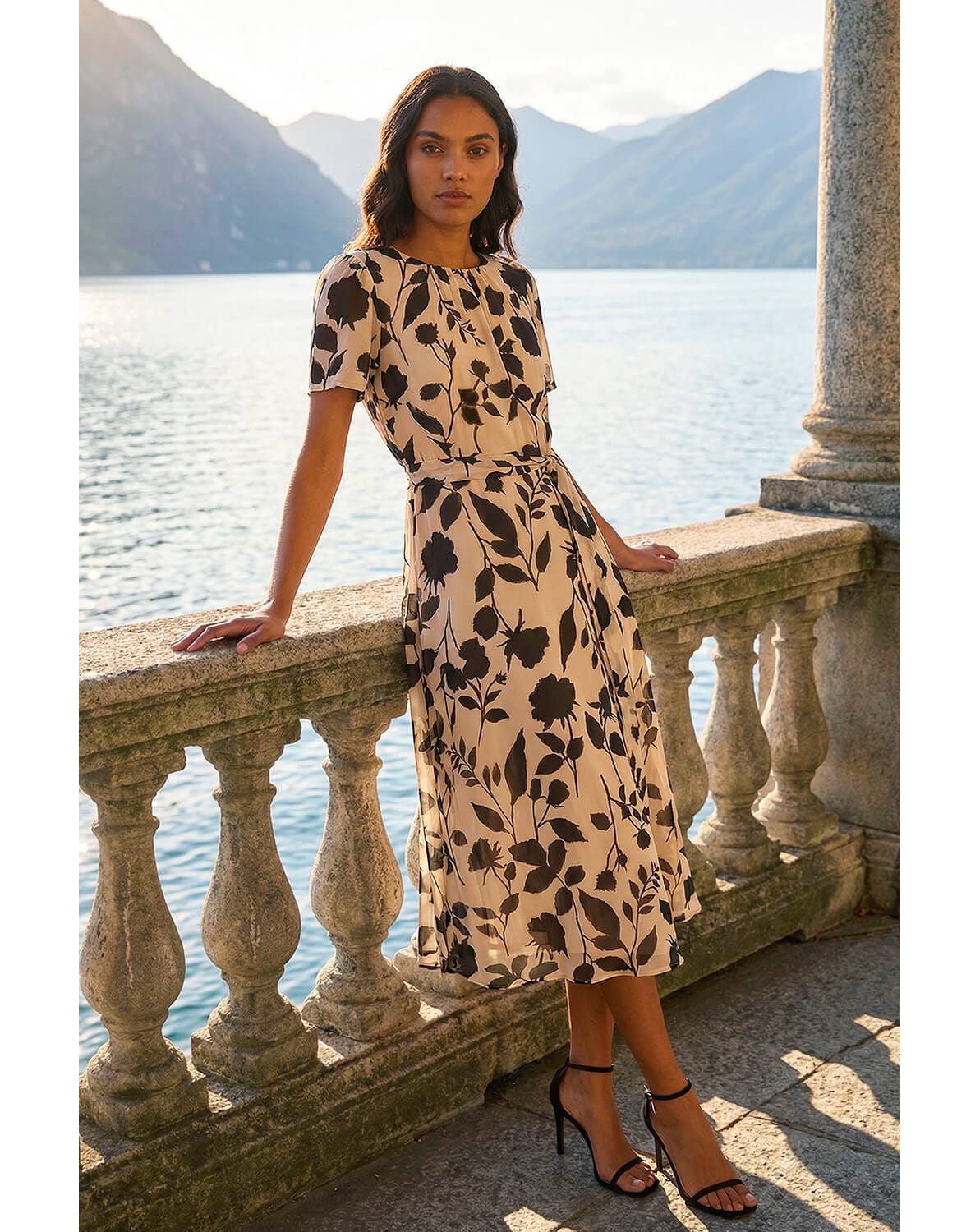 New In - Roman Floral Print Pleat Neck Midi Dress