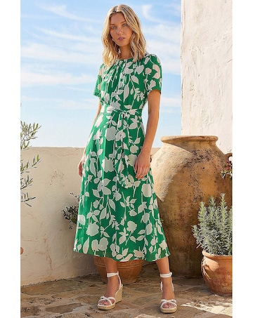 Roman Flower Print Pleat Neck Midi Dress