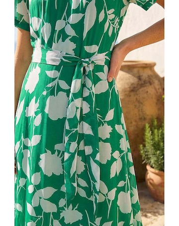 Roman Flower Print Pleat Neck Midi Dress