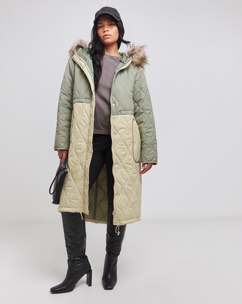 Green Colourblock Quilted Coat