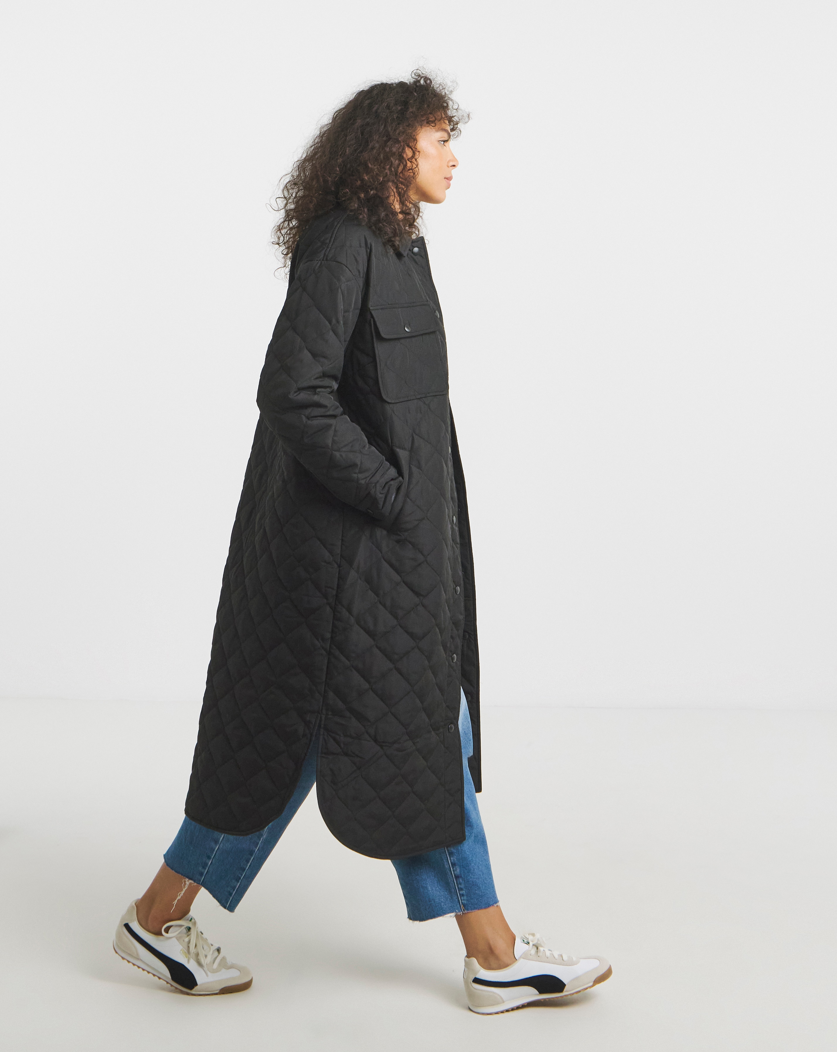 Black Zig Zag Quilt Longline Coat
