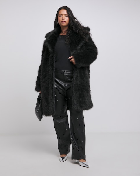 Black Collar Revere Faux Fur Coat