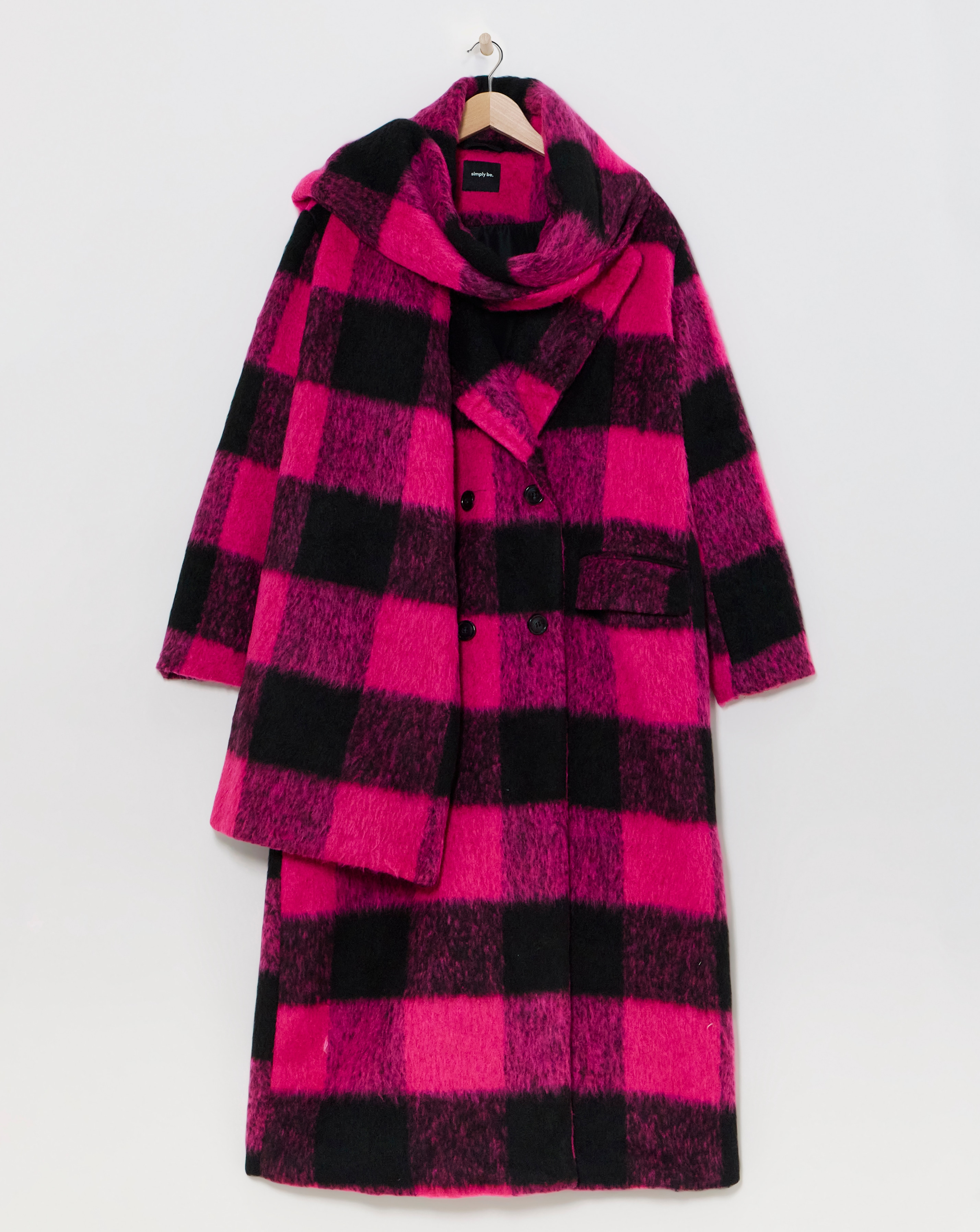 Pink Check Faux Wool Scarf Coat