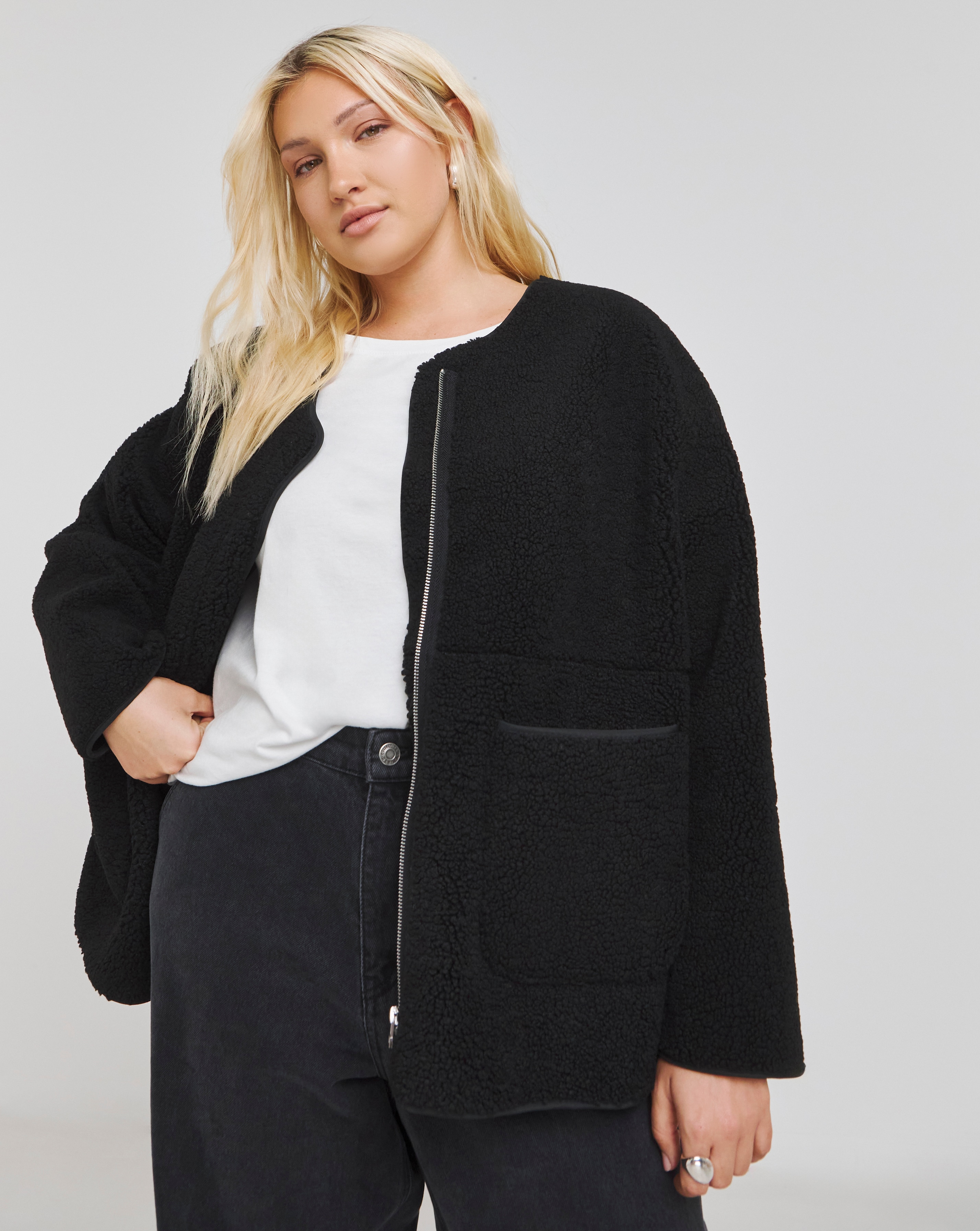 Black Round Neck Borg Jacket