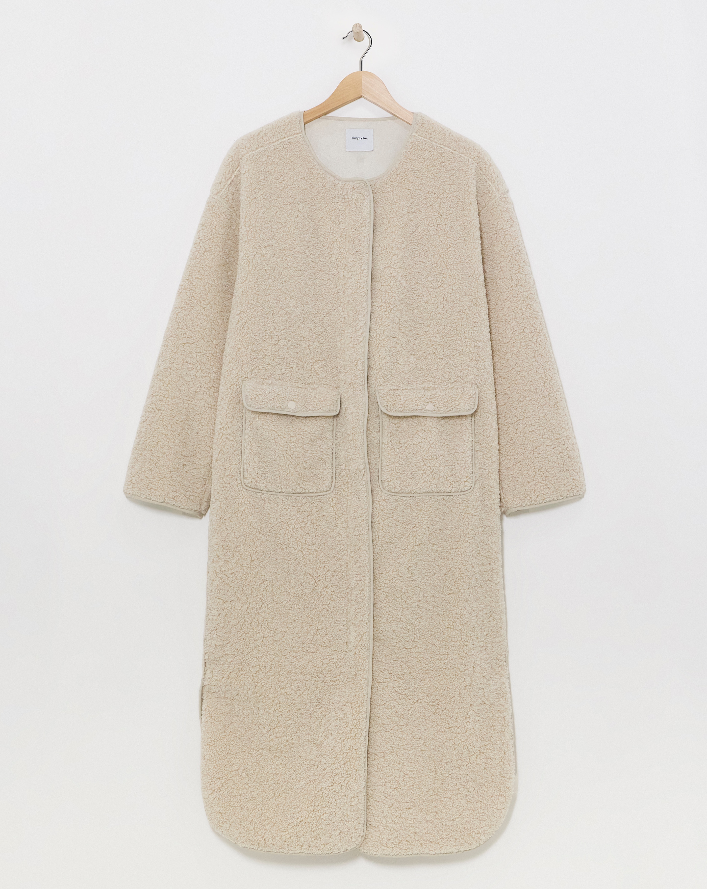 Neutral Collarless Teddy Maxi Coat