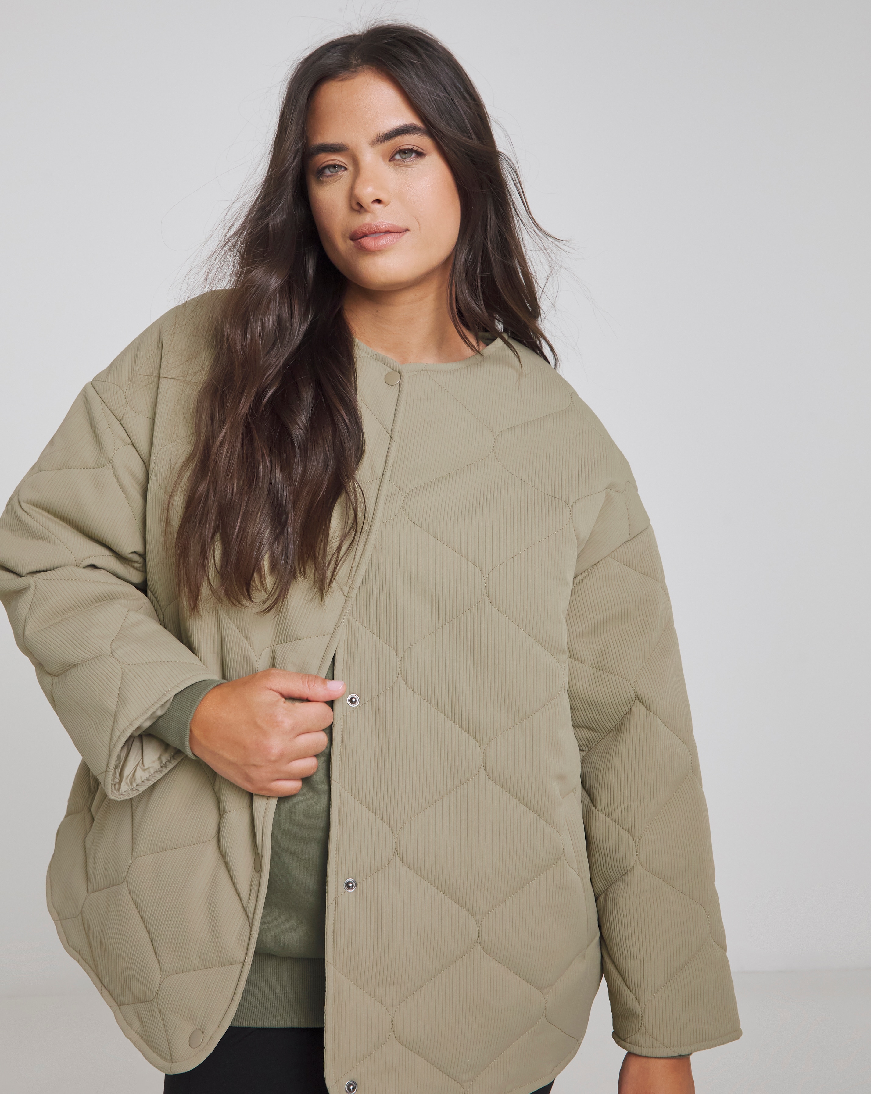 Khaki Quilted Round Collar Jacket