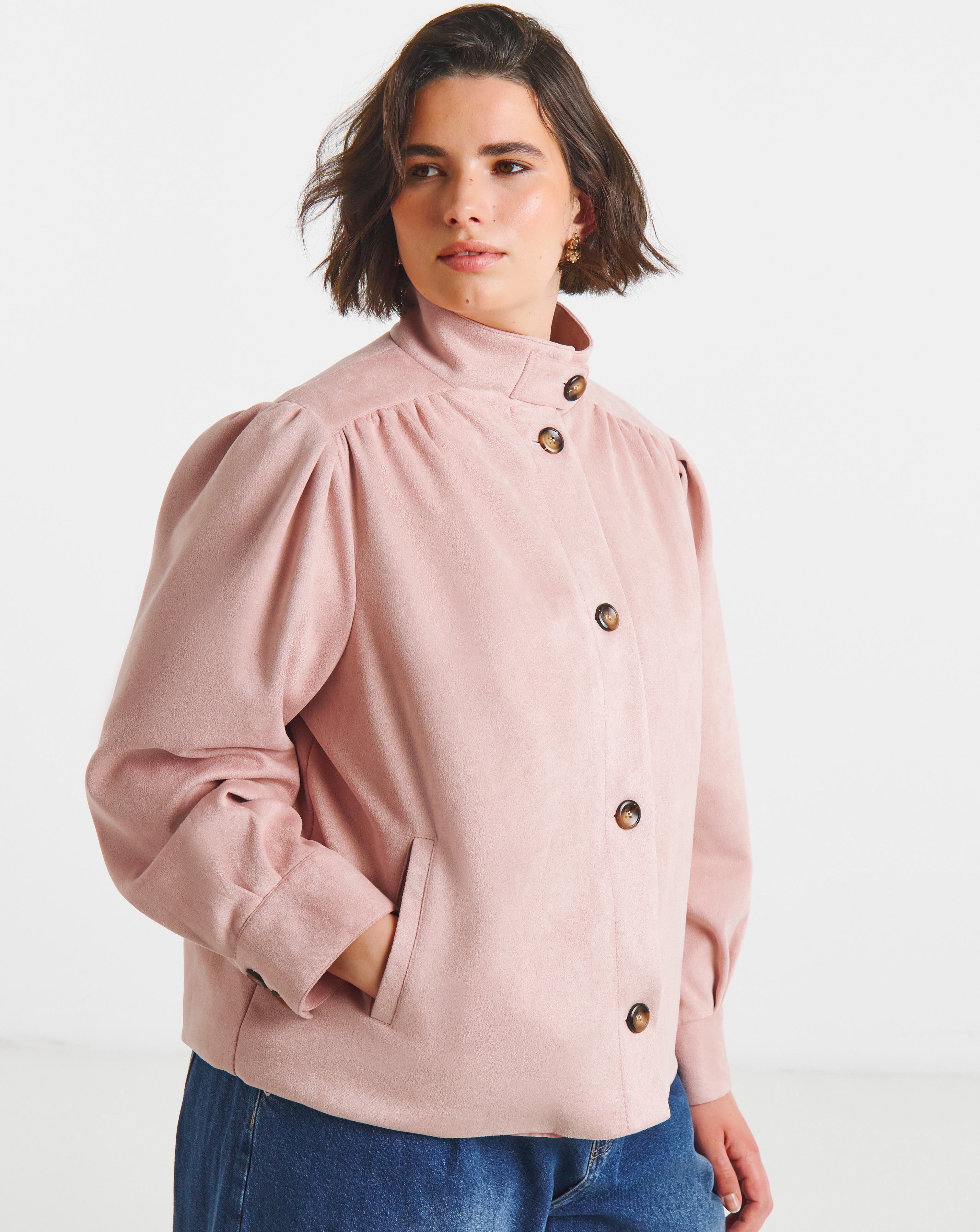 Soft Pink Funnel Neck Suedette Jacket