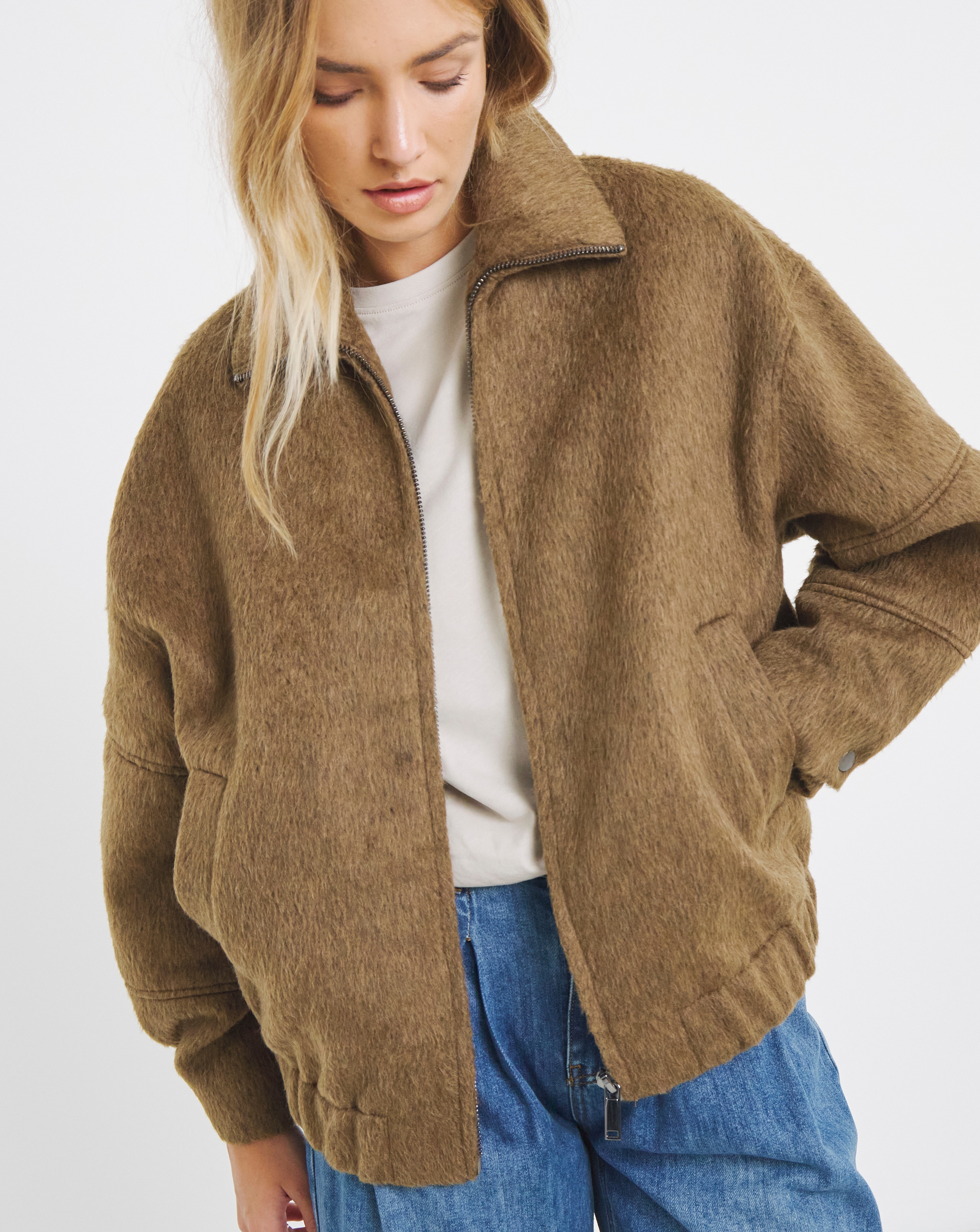 New In - Neutral Faux Wool Seamed Bomber Jacket