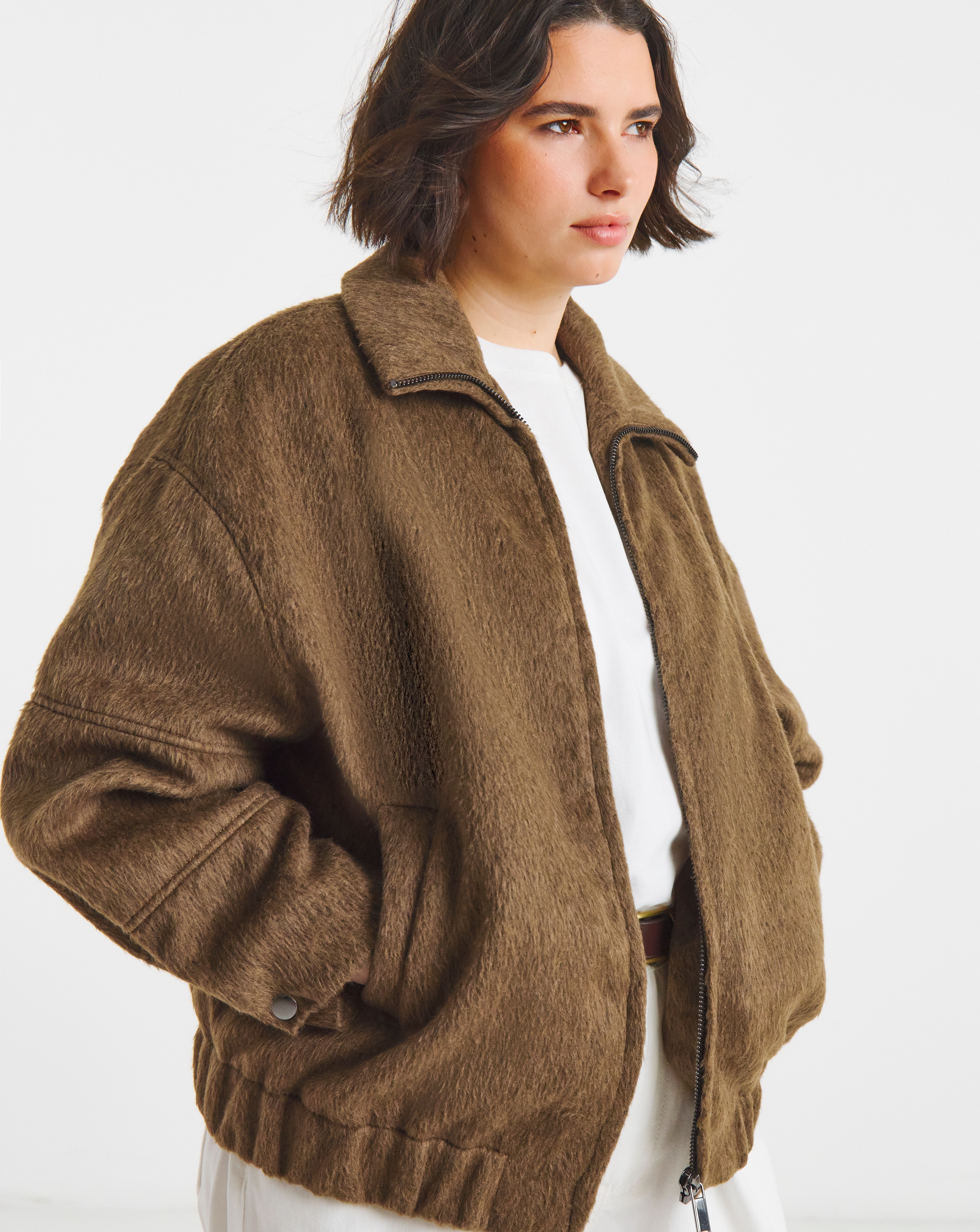 Neutral Faux Wool Seamed Bomber Jacket