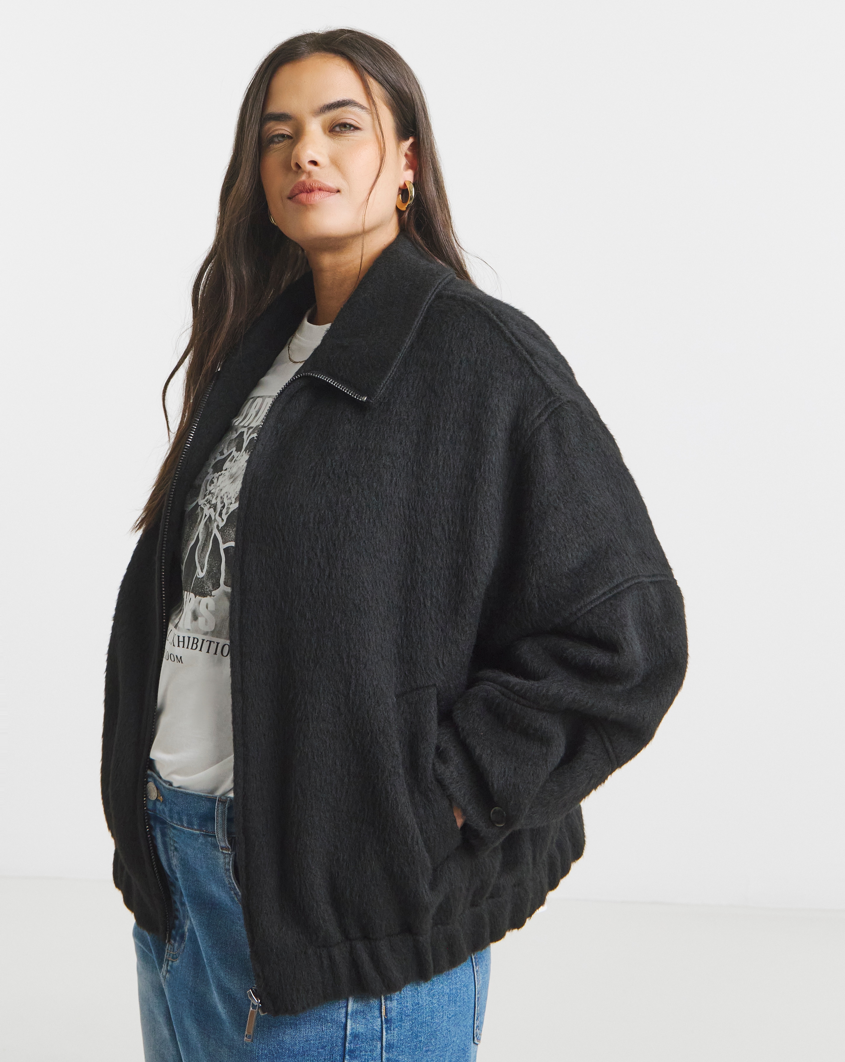 New In - Black Faux Wool Seamed Bomber Jacket