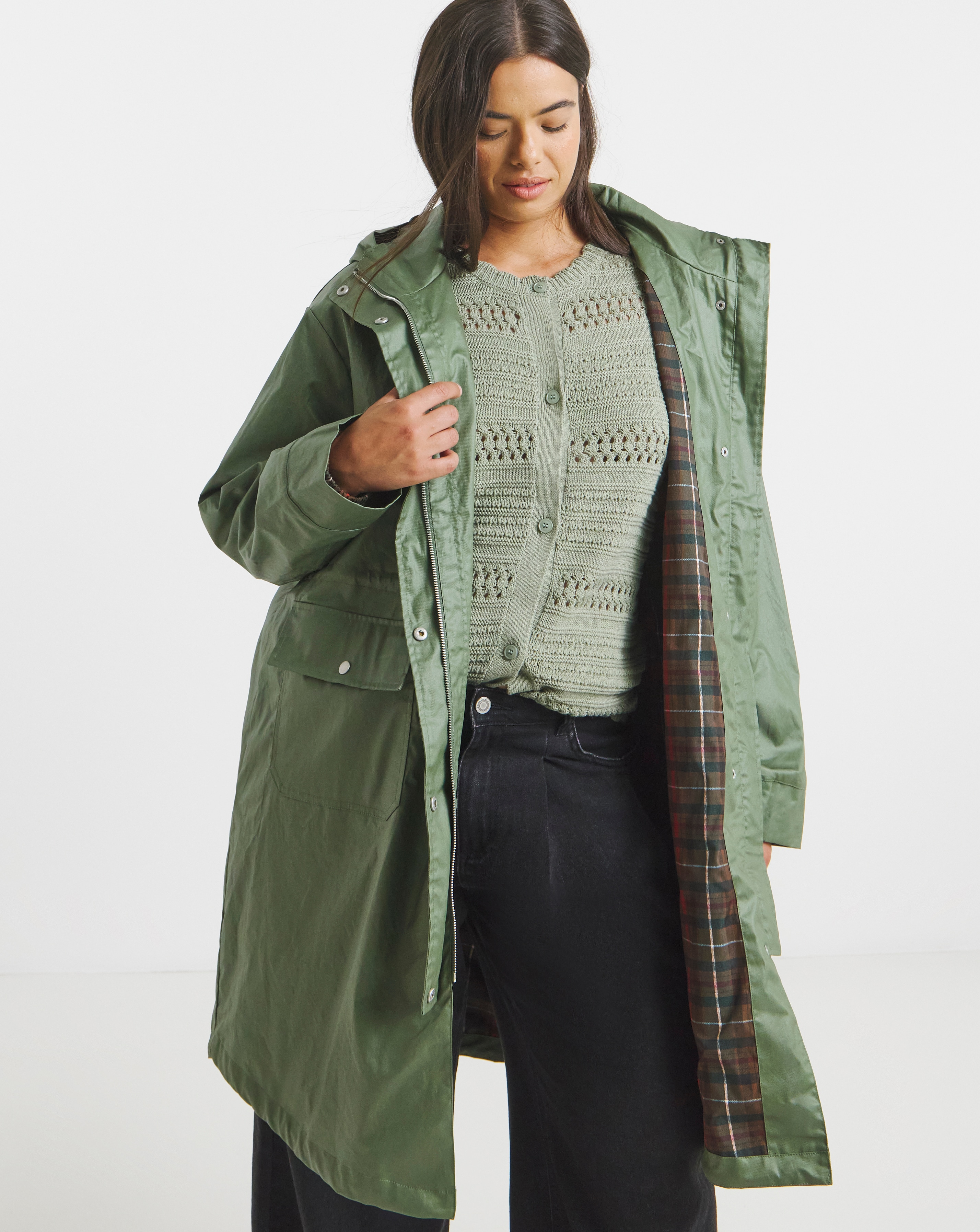 Olive Check Lined Coated Coat