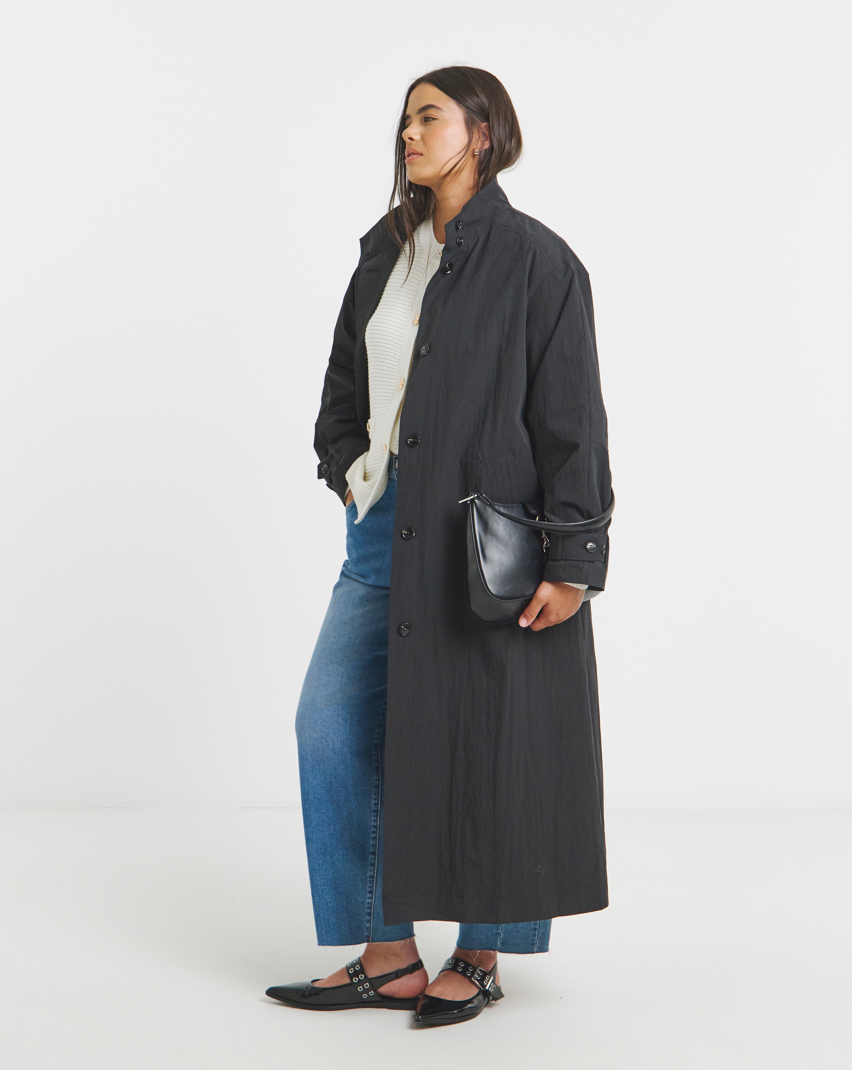 Black Funnel Neck Longline Parka Coat