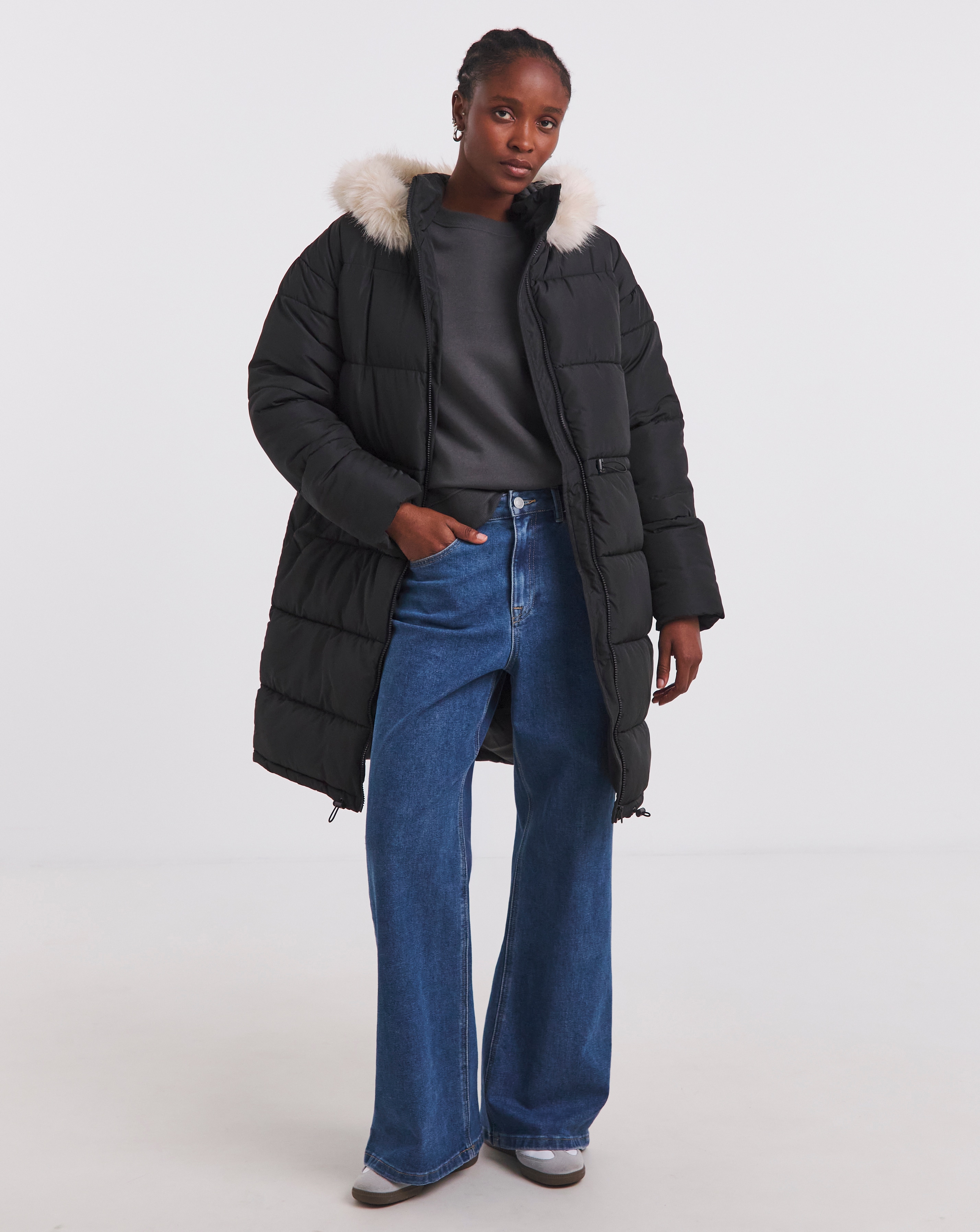 New In - Black Fur Trim Longline Padded Coat