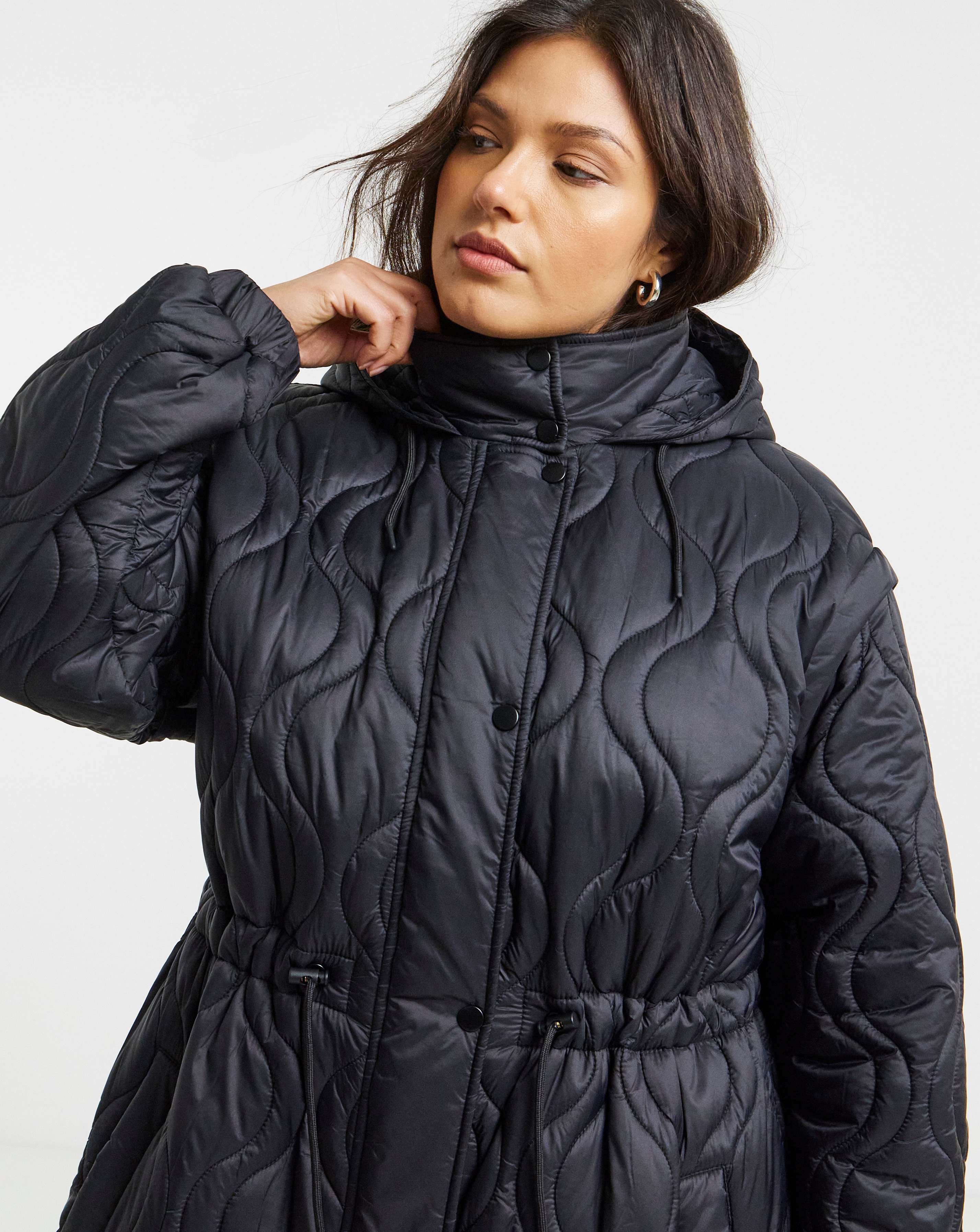 Black Adjustable Waist Quilted Coat