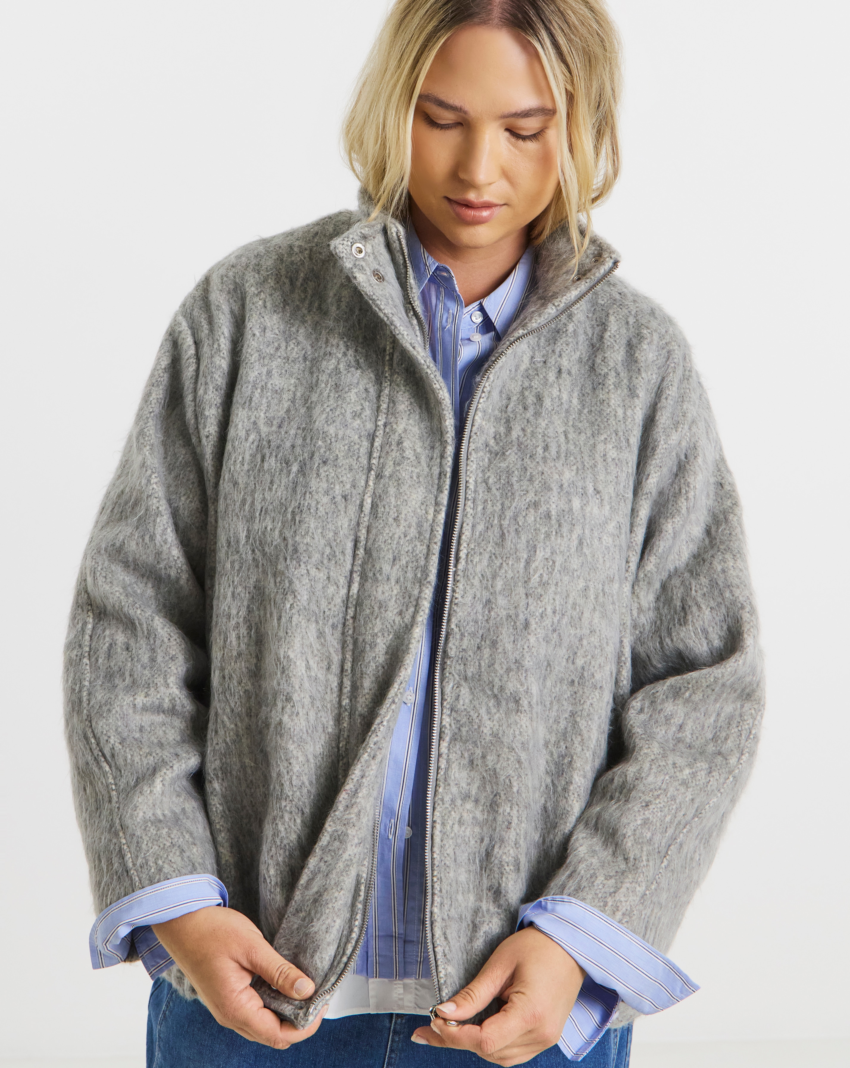 SBE Grey Wool Look Funnel Neck Jacket