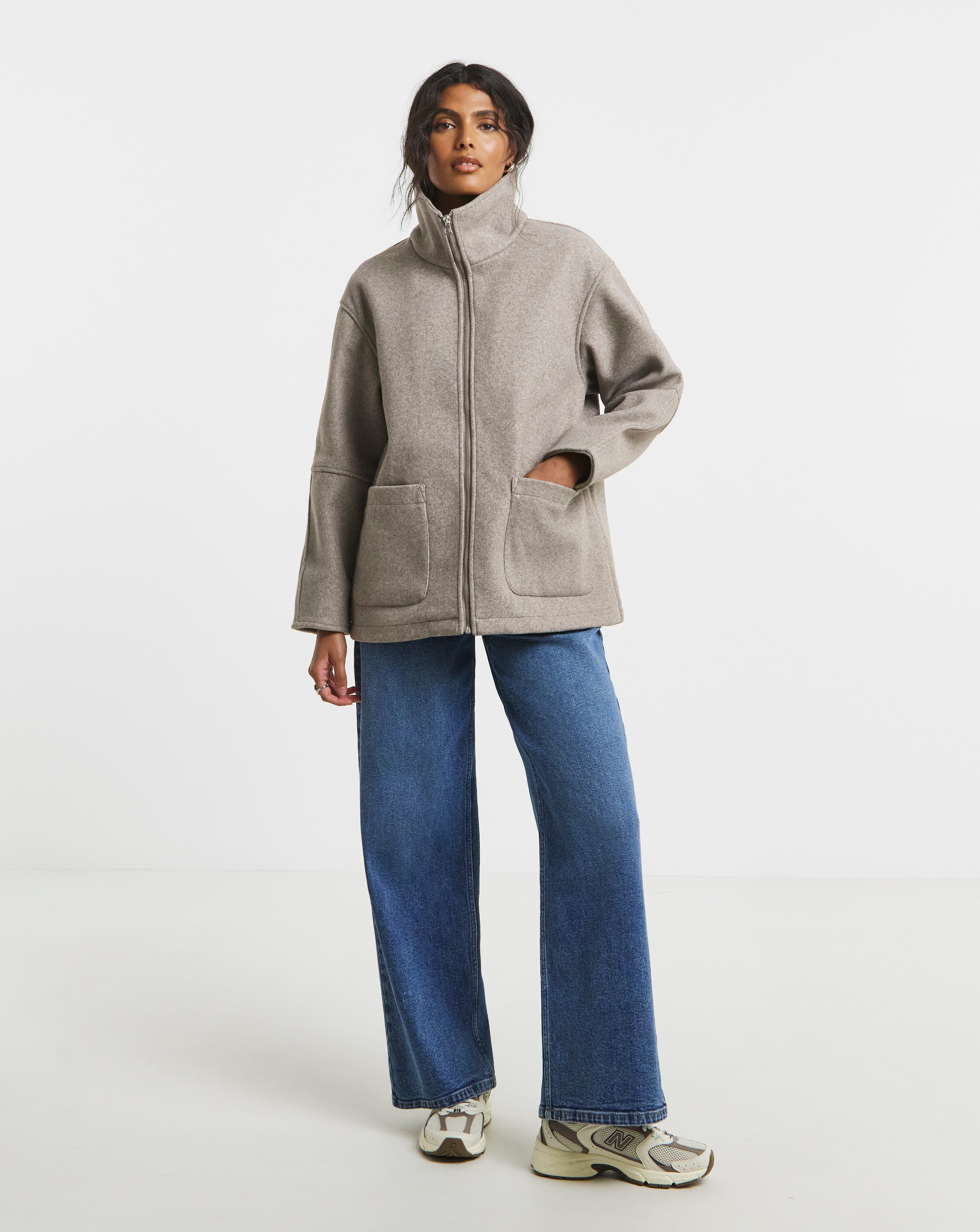 Neutral Zip Through Wool Look Jacket