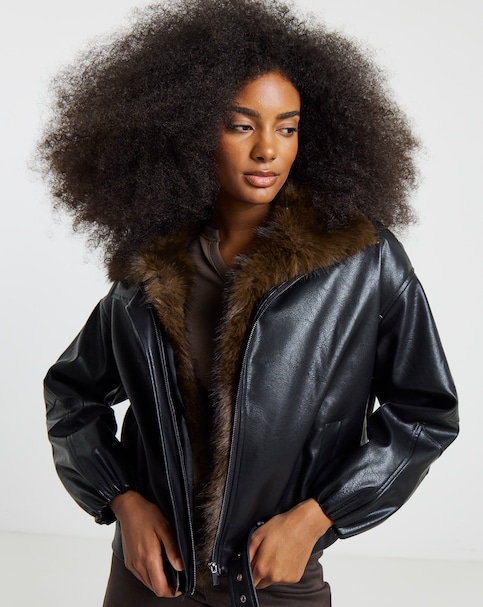 New In - Black Faux Leather Fur Collar Jacket