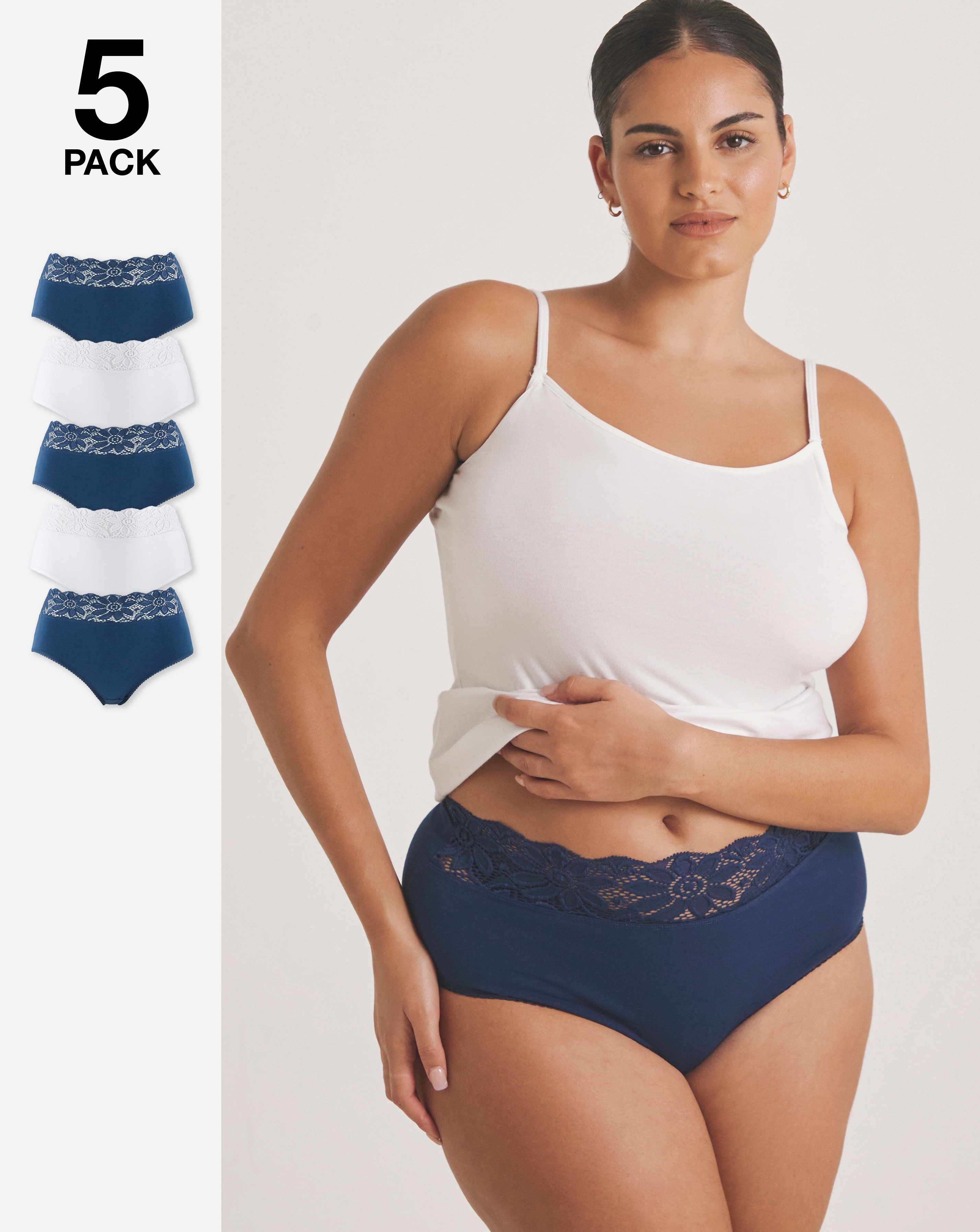 5 Pack Navy Lace Top Full Fit Briefs