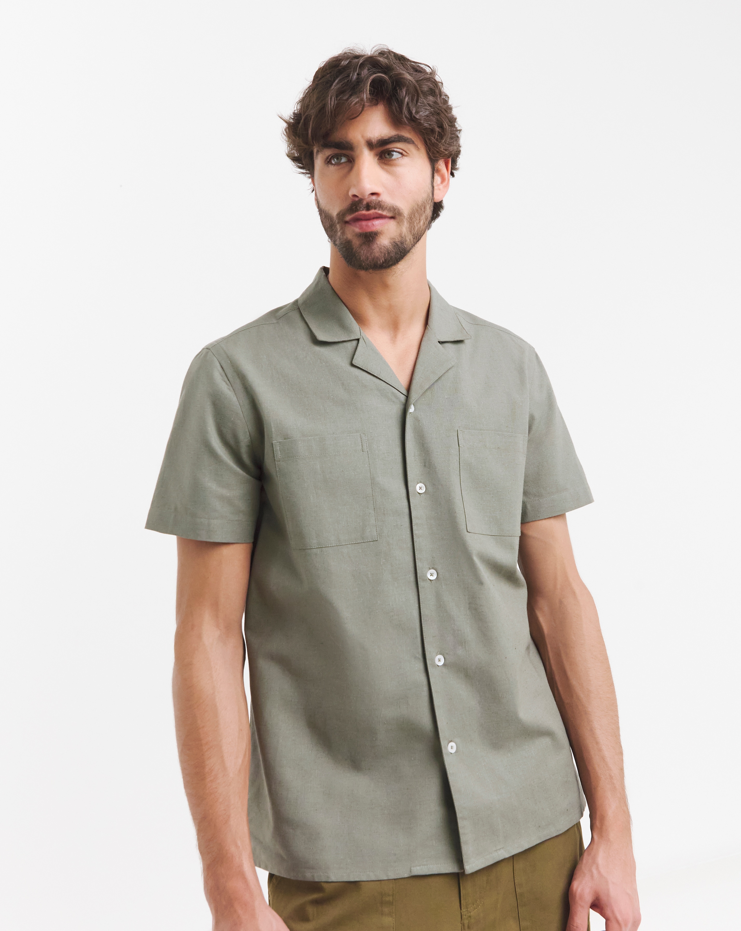 Short Sleeve Revere Linen Blend Shirt